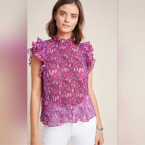 Anthropologie Pink Floral Fredia Pleated Ruffle Blouse Size Large Flutter Sleeve